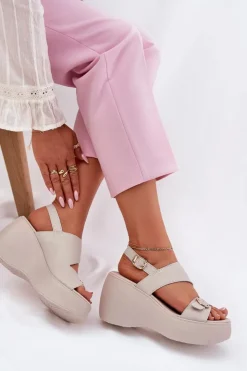 Damskie buty S.Barski Skórzane Sandały Damskie Na Koturnie I Platformie S.Barski LR51-540 Beżowe Beżowy