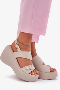 Damskie buty S.Barski Skórzane Sandały Damskie Na Koturnie I Platformie S.Barski LR51-540 Beżowe Beżowy