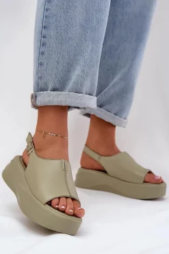 Damskie Damskie buty S.Barski Skórzane Sandały Damskie Na Platformie D&A SJ2301-2 Zielone