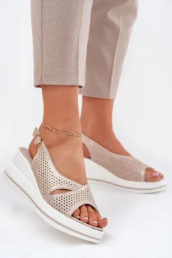 New Damskie buty S.Barski Skórzane Sandały Damskie Na Koturnie S.Barski LR51-660 Złote Złoty