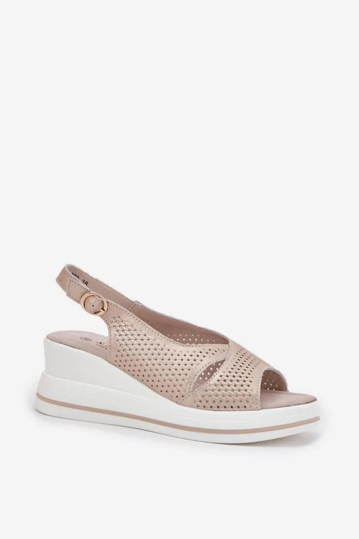 New Damskie buty S.Barski Skórzane Sandały Damskie Na Koturnie S.Barski LR51-660 Złote Złoty