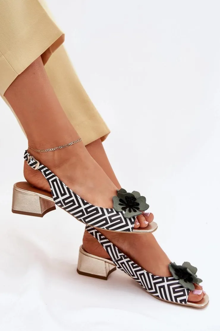 Damskie Laura Messi Skórzane Sandały Damskie Na Klocku Z Ozdobnym Kwiatem 2973 Biało-Czarne