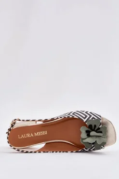 Damskie Laura Messi Skórzane Sandały Damskie Na Klocku Z Ozdobnym Kwiatem 2973 Biało-Czarne