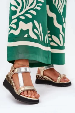 Damskie buty S.Barski Sandały Na Koturnie*Skórzane Sandały Damskie Na Koturnie D&A CR51-135 Złoto-Srebrne