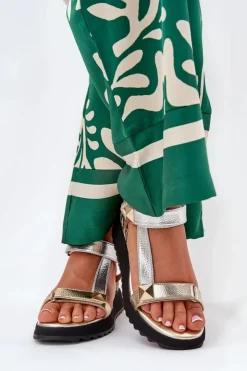 Damskie buty S.Barski Sandały Na Koturnie*Skórzane Sandały Damskie Na Koturnie D&A CR51-135 Złoto-Srebrne