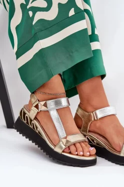 Damskie buty S.Barski Sandały Na Koturnie*Skórzane Sandały Damskie Na Koturnie D&A CR51-135 Złoto-Srebrne