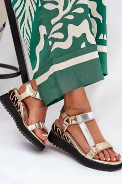 Damskie buty S.Barski Sandały Na Koturnie*Skórzane Sandały Damskie Na Koturnie D&A CR51-135 Złoto-Srebrne