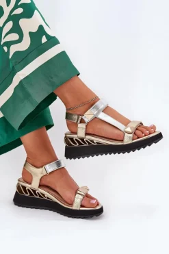 Damskie buty S.Barski Sandały Na Koturnie*Skórzane Sandały Damskie Na Koturnie D&A CR51-135 Złoto-Srebrne