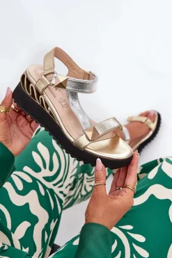 Damskie buty S.Barski Sandały Na Koturnie*Skórzane Sandały Damskie Na Koturnie D&A CR51-135 Złoto-Srebrne