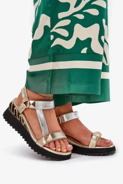 Damskie buty S.Barski Sandały Na Koturnie*Skórzane Sandały Damskie Na Koturnie D&A CR51-135 Złoto-Srebrne