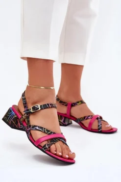 Damskie Maciejka Skórzane Sandały Damskie Na Słupku Z Paskami 06959-39 Fuksja