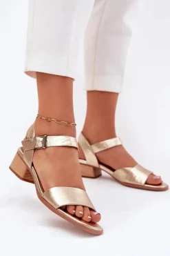 Damskie Maciejka Skórzane Sandały Damskie Na Obcasie N6802-25 Złote