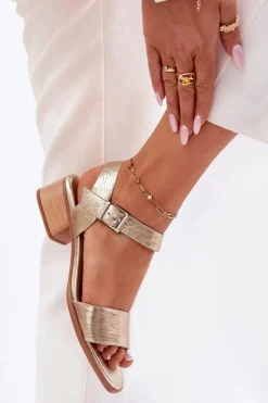 Damskie Maciejka Skórzane Sandały Damskie Na Obcasie N6802-25 Złote