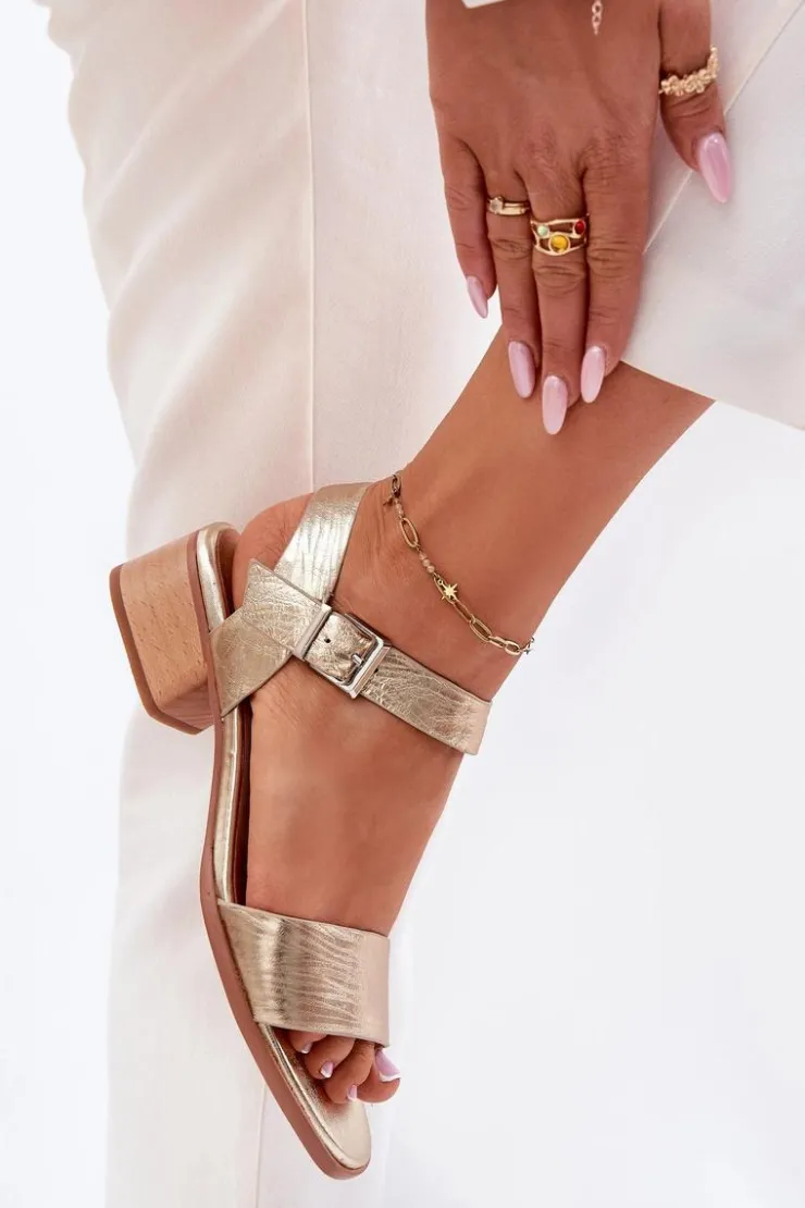 Damskie Maciejka Skórzane Sandały Damskie Na Obcasie N6802-25 Złote