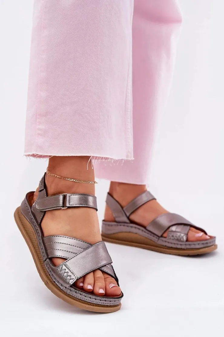 Maciejka Sandały Płaskie*Skórzane Sandały Damskie Na Platformie L7064-35 Grafitowe Srebrny