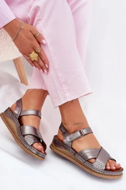 Maciejka Sandały Płaskie*Skórzane Sandały Damskie Na Platformie L7064-35 Grafitowe Srebrny