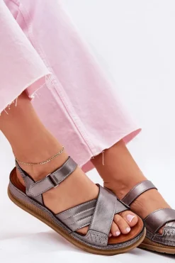 Maciejka Sandały Płaskie*Skórzane Sandały Damskie Na Platformie L7064-35 Grafitowe Srebrny