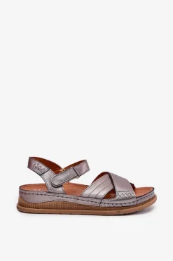 Maciejka Sandały Płaskie*Skórzane Sandały Damskie Na Platformie L7064-35 Grafitowe Srebrny