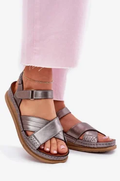 Maciejka Sandały Płaskie*Skórzane Sandały Damskie Na Platformie L7064-35 Grafitowe Srebrny