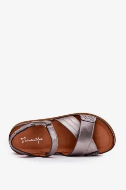 Maciejka Sandały Płaskie*Skórzane Sandały Damskie Na Platformie L7064-35 Grafitowe Srebrny