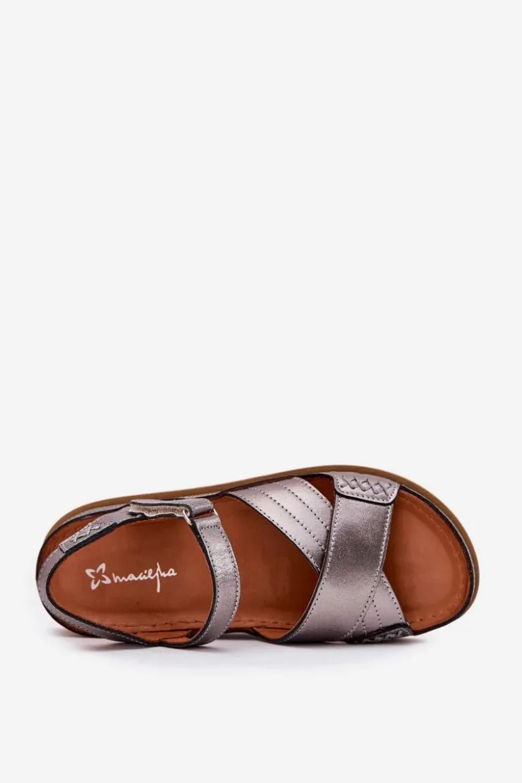 Maciejka Sandały Płaskie*Skórzane Sandały Damskie Na Platformie L7064-35 Grafitowe Srebrny