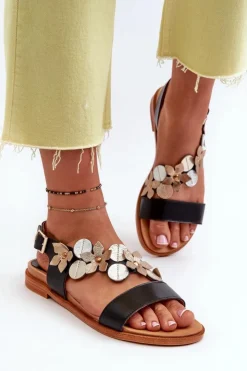 Discount Laura Messi Skórzane Sandały Damskie Ozdobione Kwiatkami 2762 Czarne