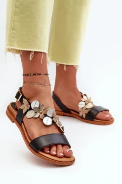 Discount Laura Messi Skórzane Sandały Damskie Ozdobione Kwiatkami 2762 Czarne