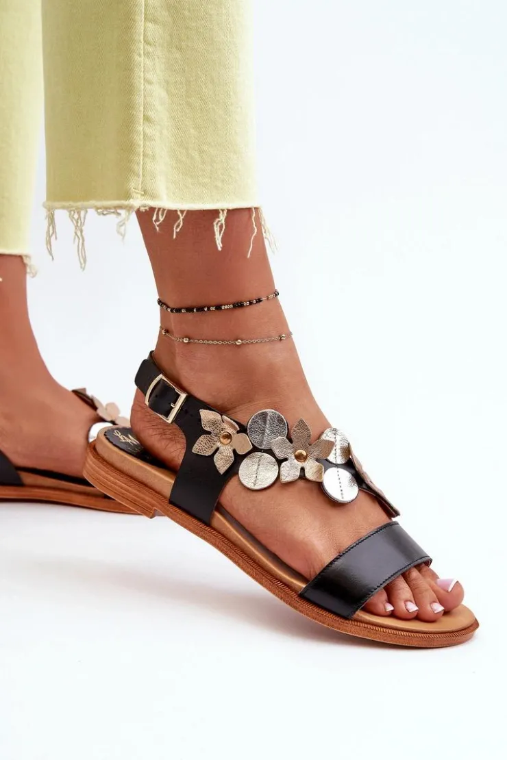 Discount Laura Messi Skórzane Sandały Damskie Ozdobione Kwiatkami 2762 Czarne