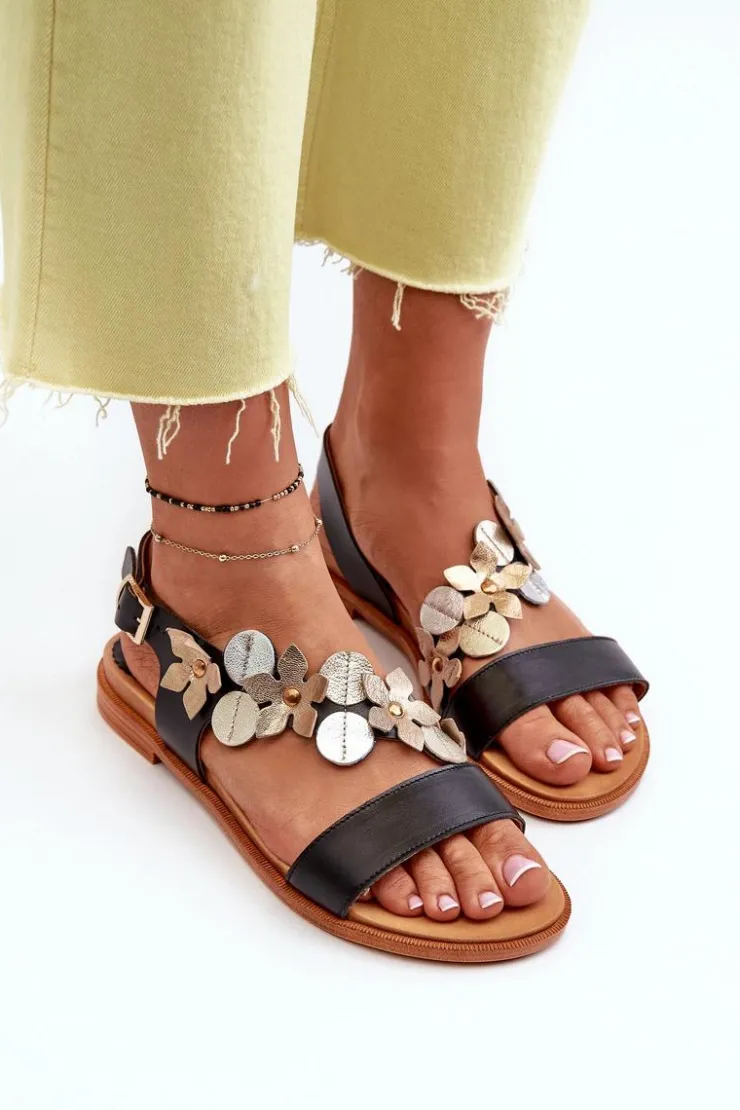 Discount Laura Messi Skórzane Sandały Damskie Ozdobione Kwiatkami 2762 Czarne