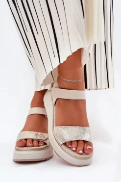 Damskie Damskie buty S.Barski Skórzane Sandały Damskie Platformie I Koturnie Na Rzep S.Barski LR51-543 Złote