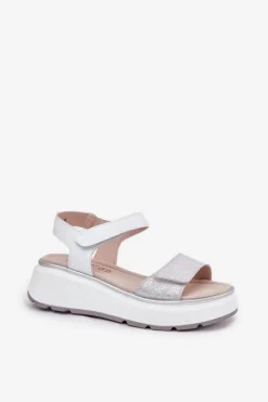 Best Damskie buty S.Barski Skórzane Sandały Damskie Platformie I Koturnie Na Rzep S.Barski LR51-543 Srebrne Srebrny