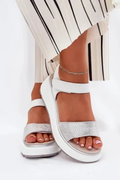 Best Damskie buty S.Barski Skórzane Sandały Damskie Platformie I Koturnie Na Rzep S.Barski LR51-543 Srebrne Srebrny