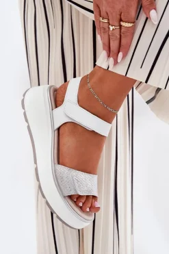 Best Damskie buty S.Barski Skórzane Sandały Damskie Platformie I Koturnie Na Rzep S.Barski LR51-543 Srebrne Srebrny