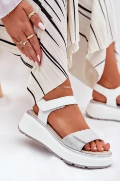 Best Damskie buty S.Barski Skórzane Sandały Damskie Platformie I Koturnie Na Rzep S.Barski LR51-543 Srebrne Srebrny