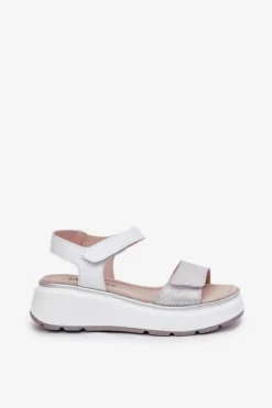 Best Damskie buty S.Barski Skórzane Sandały Damskie Platformie I Koturnie Na Rzep S.Barski LR51-543 Srebrne Srebrny