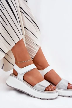 Best Damskie buty S.Barski Skórzane Sandały Damskie Platformie I Koturnie Na Rzep S.Barski LR51-543 Srebrne Srebrny