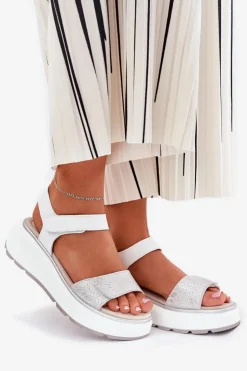 Best Damskie buty S.Barski Skórzane Sandały Damskie Platformie I Koturnie Na Rzep S.Barski LR51-543 Srebrne Srebrny