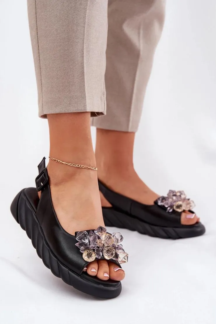 Artiker Sandały Płaskie*Skórzane Sandały Damskie Z Kryształkami 54C1628 Czarne Czarny