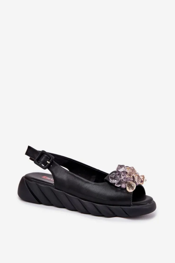 Artiker Sandały Płaskie*Skórzane Sandały Damskie Z Kryształkami 54C1628 Czarne Czarny