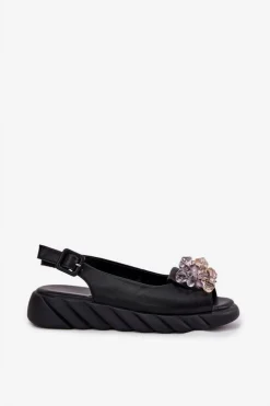 Artiker Sandały Płaskie*Skórzane Sandały Damskie Z Kryształkami 54C1628 Czarne Czarny