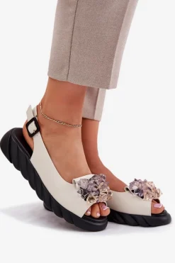 New Artiker Skórzane Sandały Damskie Z Kryształkami 54C1627 Beżowe Beżowy