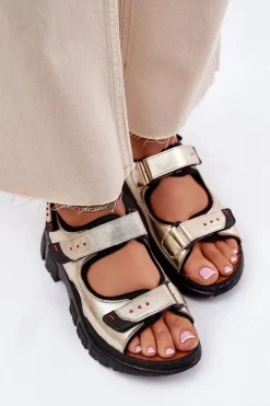 Artiker Sandały Płaskie*Skórzane Sandały Damskie Z Rzepami 56C0469 Złote Złoty