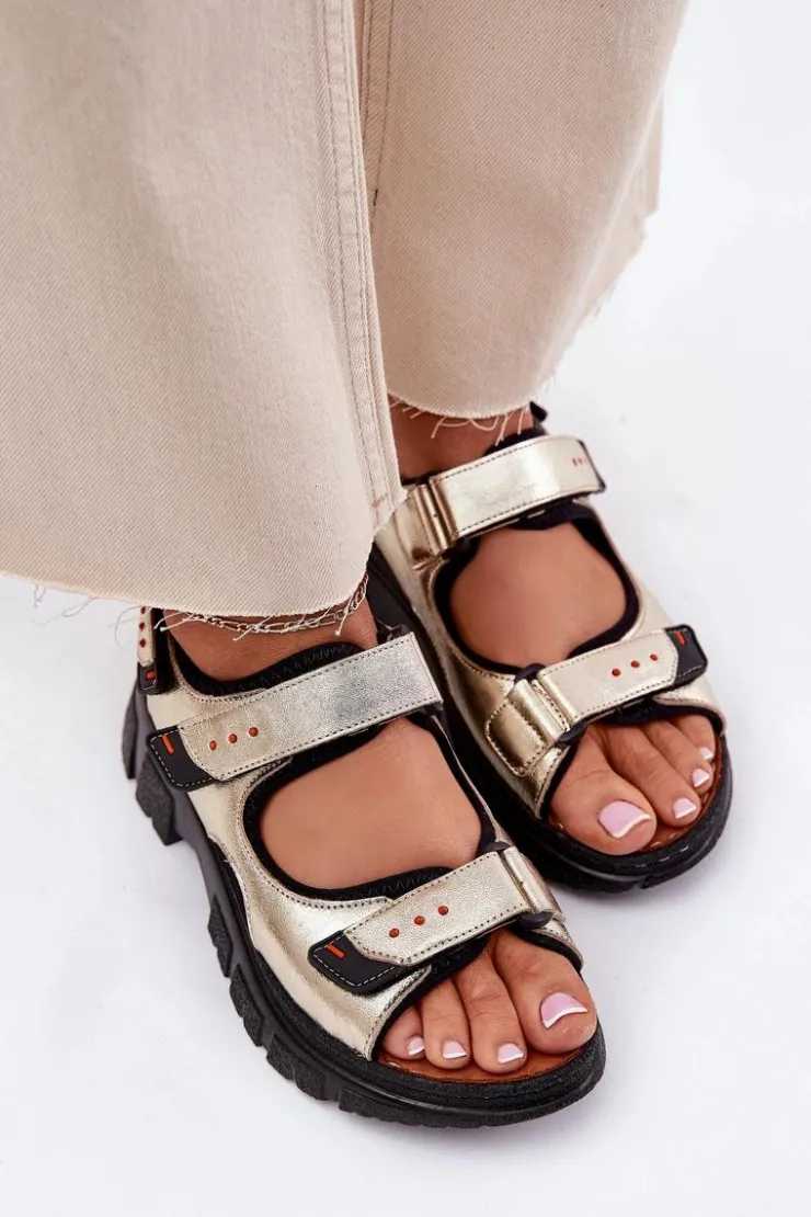 Artiker Sandały Płaskie*Skórzane Sandały Damskie Z Rzepami 56C0469 Złote Złoty