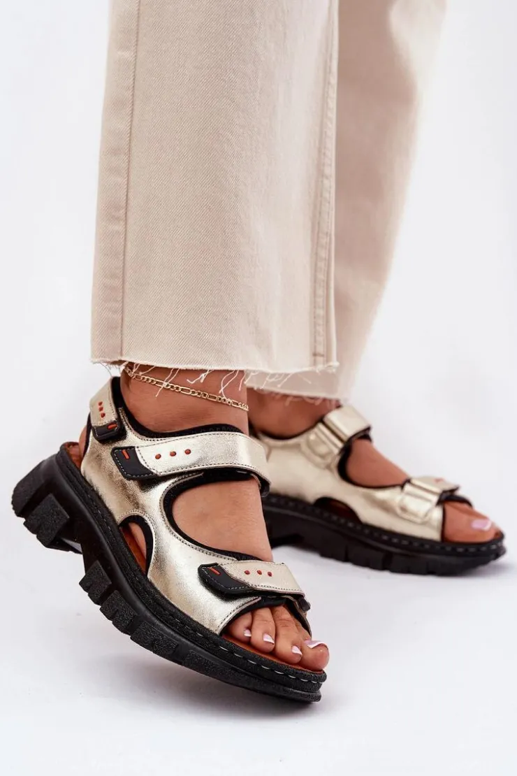 Artiker Sandały Płaskie*Skórzane Sandały Damskie Z Rzepami 56C0469 Złote Złoty