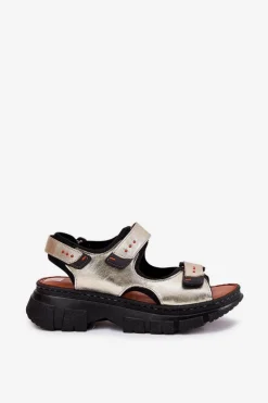 Artiker Sandały Płaskie*Skórzane Sandały Damskie Z Rzepami 56C0469 Złote Złoty