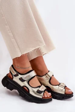 Artiker Sandały Płaskie*Skórzane Sandały Damskie Z Rzepami 56C0469 Złote Złoty