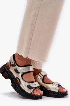 Artiker Sandały Płaskie*Skórzane Sandały Damskie Z Rzepami 56C0469 Złote Złoty