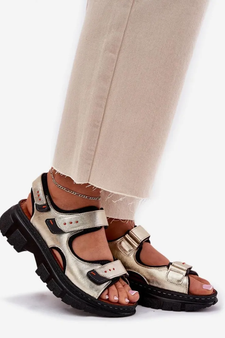 Artiker Sandały Płaskie*Skórzane Sandały Damskie Z Rzepami 56C0469 Złote Złoty