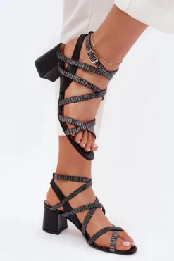 Damskie Maciejka Skórzane Sandały Damskie Z Paseczkami Na Słupku 06969-01 Czarne