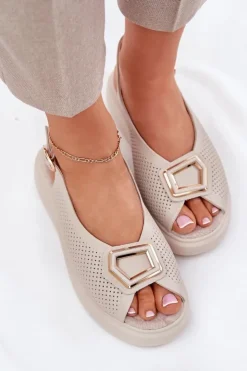 Damskie Damskie buty S.Barski Skórzane Sandały Damskie Z Ozdobą S.Barski LR51-786 Beżowe